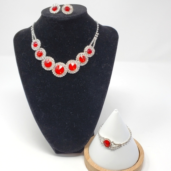 COSTUME JEWELRY SET NECKLACE BRACELET EARRINGS RED & CLEAR RHINESTONE BLING PROM - Picture 1 of 15